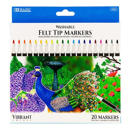 Bazic Products Bazic  Felt Tip Washable Markers, Assorted Color - Set of 20 1293